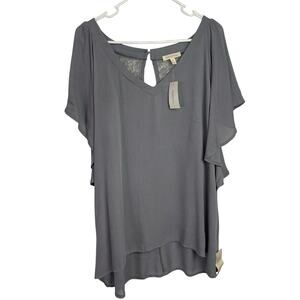 NWT Loralette Womens Tunic Top Blouse Sz 1X Gray V Neck Flutter Sleeve Flowy $44